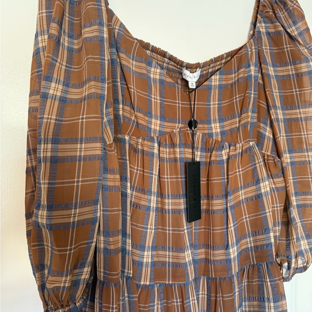 Country Chic Gianni Bibi Brown Plaid Off-Shoulder Dress lined Coastal Cowgirl - Picture 3 of 10